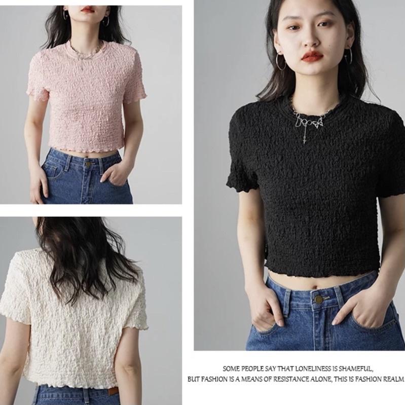 Áo croptop nữ tay ngắn cổ tròn chất xốp nhăn