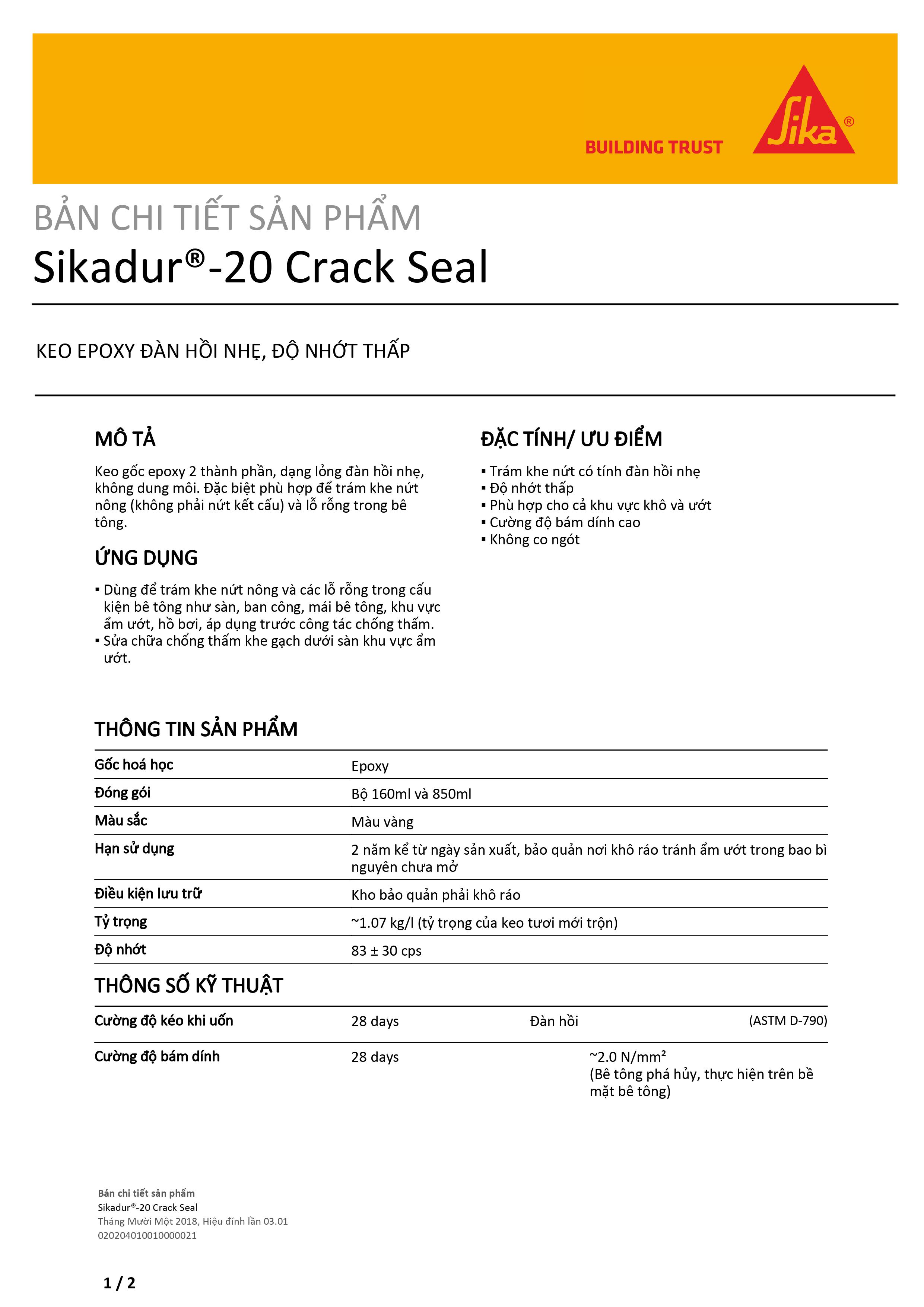 Xử lý thẩm mỹ nứt bê tông - Sikadur 20 CrackSeal (tuýp 160ml)