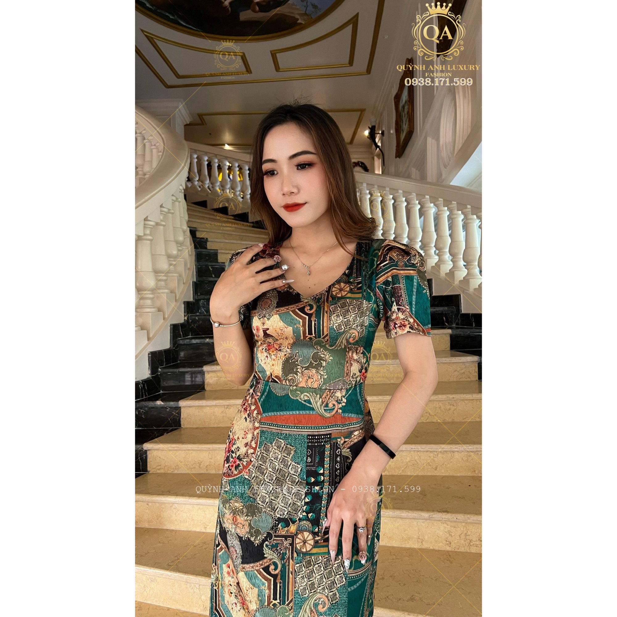 Váy Đầm Suông 3D Tone Xanh Thổ Cẩm Cổ Tim Lụa Vân Pháp Cao Cấp Mabel Dress