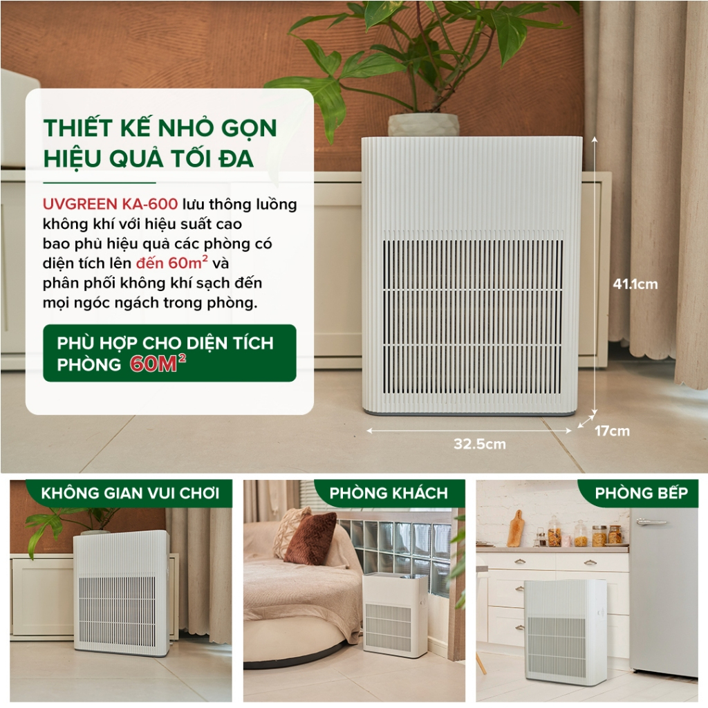 Máy lọc không khí Uvgreen KA600 - Diện tích 60m2, Bộ lọc True HEPA, Công nghệ Led UVC, Ion âm - HÀNG CHÍNH HÃNG