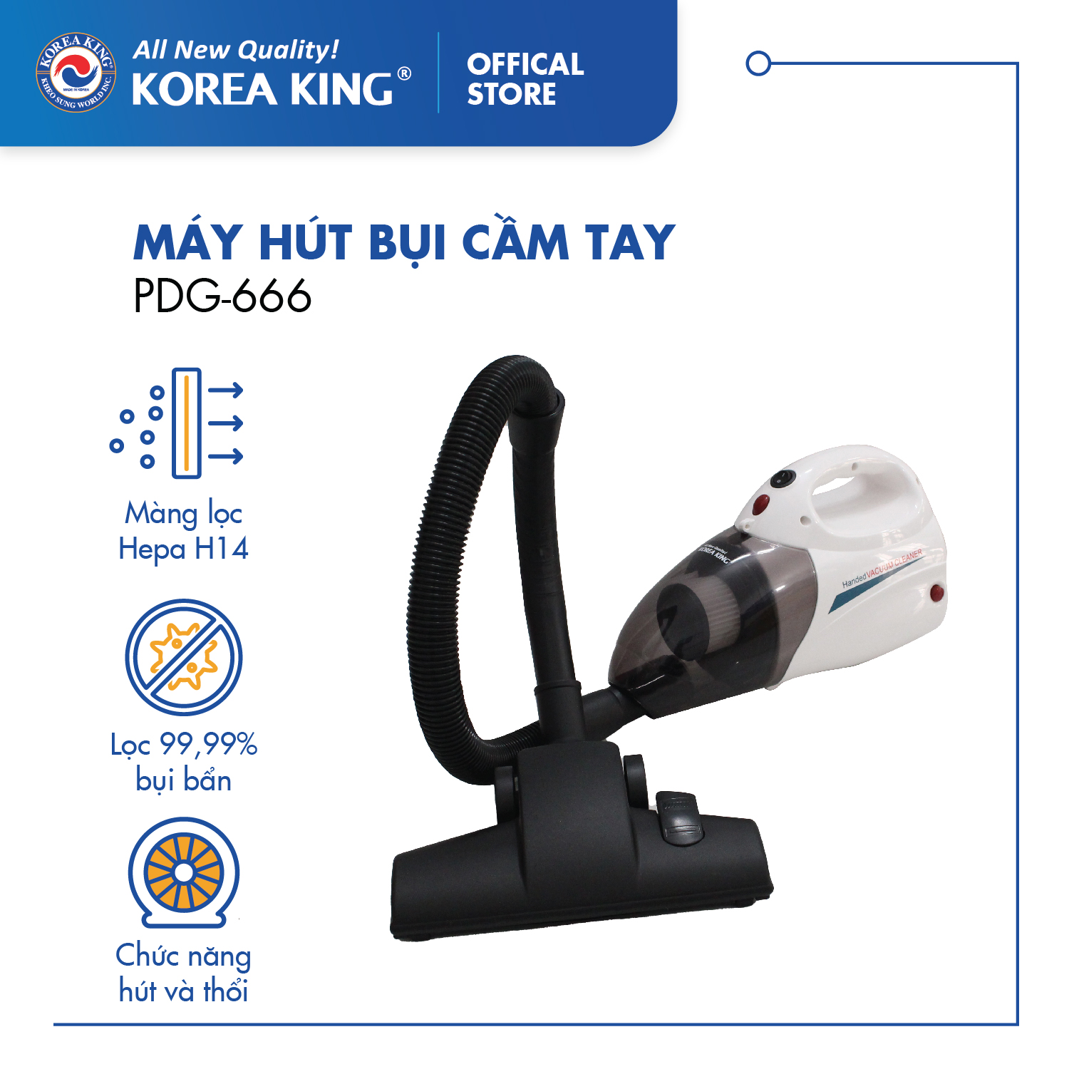 Máy hút bụi cầm tay Korea King PDG-666 (220v/50Hz,1000W, màu nâu trắng, 2 chức năng hút thổi) - Hàng chính hãng