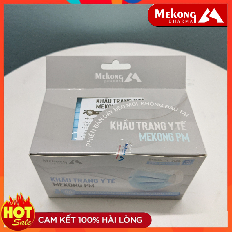 Khẩu trang y tế Mekong 4 lớp kháng khuẩn, dây đeo mềm không làm đau tai (50 cái/Hộp)