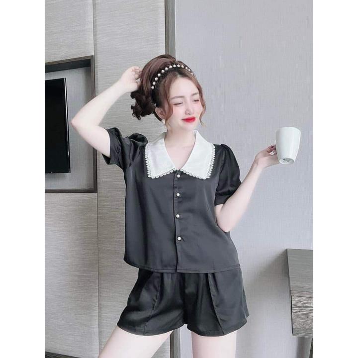 Bộ Pijama, Bộ Lụa LATIN CAO CẤP, Đồ Mặc Nhà Kiểu Quần Ngắn, Lá Cổ Trắng Viền Ren, Hàng Đẹp May Kỹ, Phom Dưới 58kg