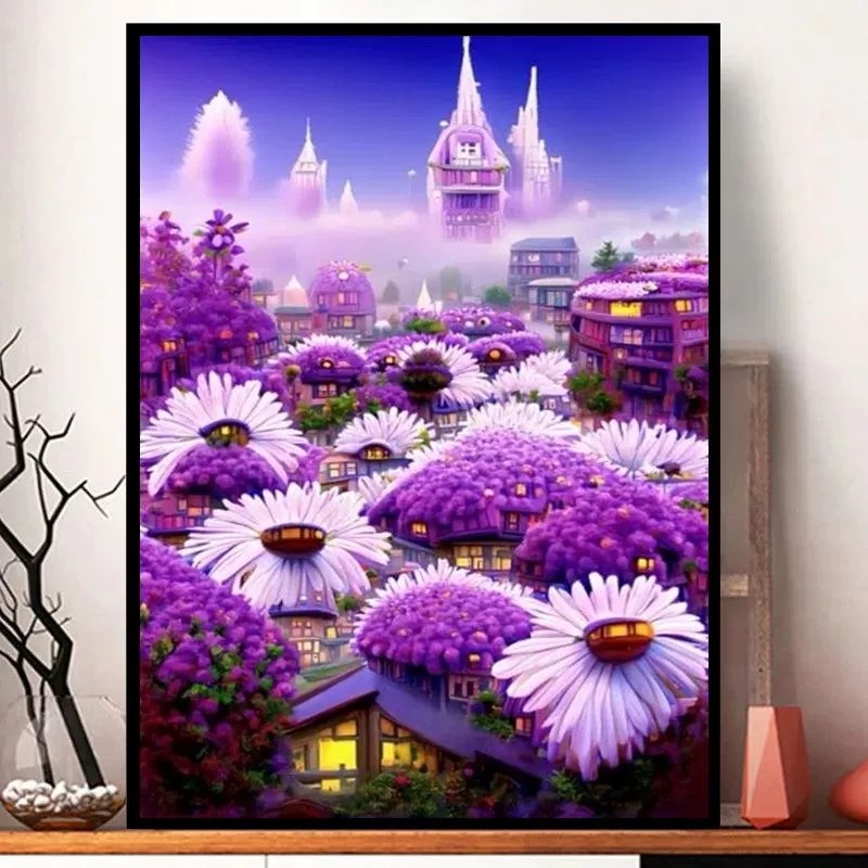[Thêu 4 sợi] Tranh thêu kín lâu đài mây tím 8011, kích thước 60 x 90 cm