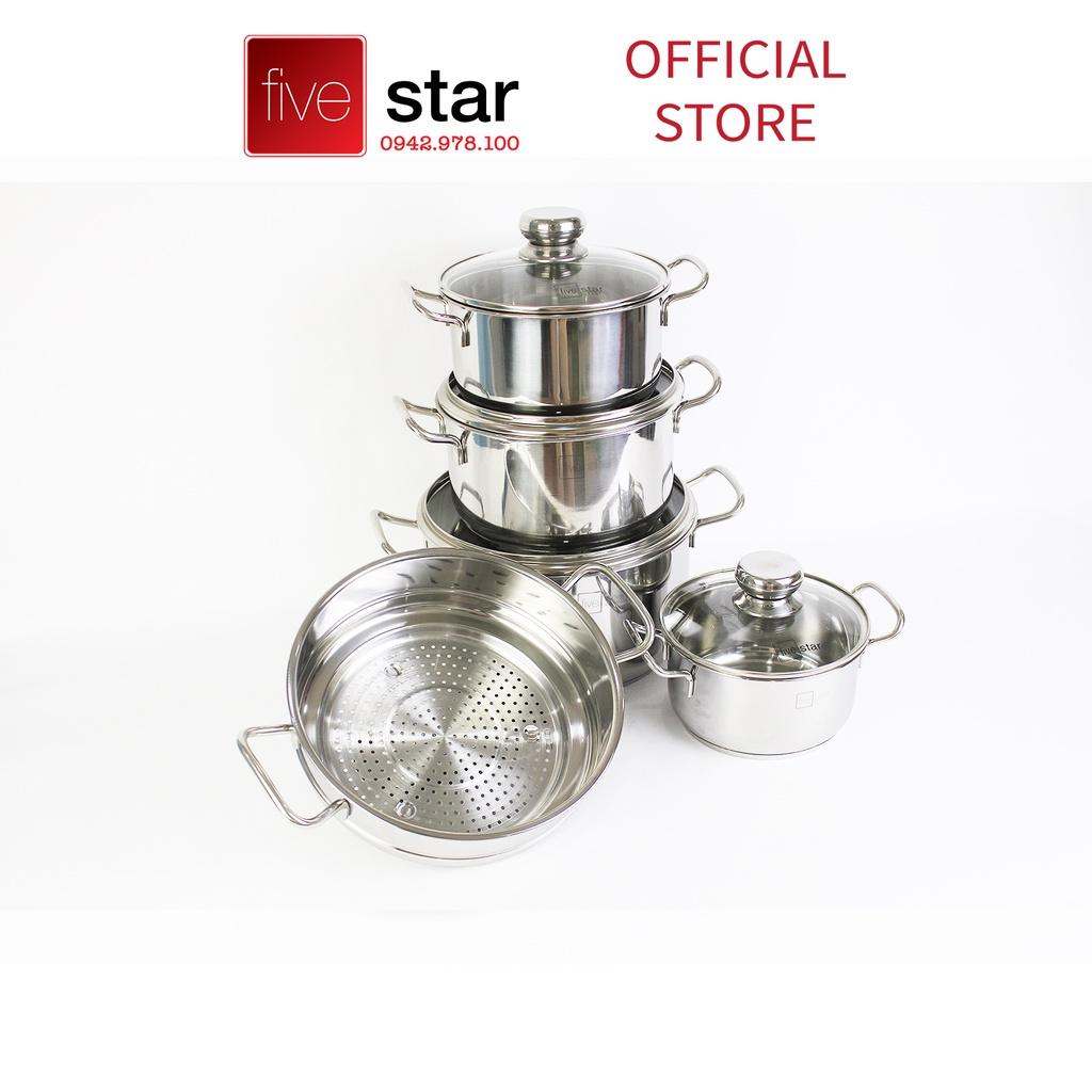Bộ nồi xửng chảo 3 đáy inox 430 FiveStar Standard 6 món bếp từ nắp kính , tặng 1 vá canh
