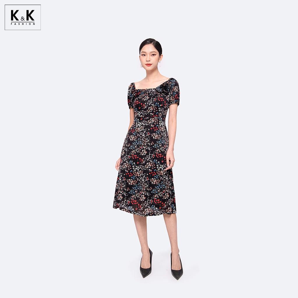 Đầm Đen Hoa Dáng Xòe Cổ Vuông K&amp;K Fashion KK130-27 Chất Liệu Tằm Ý Sớ Gân