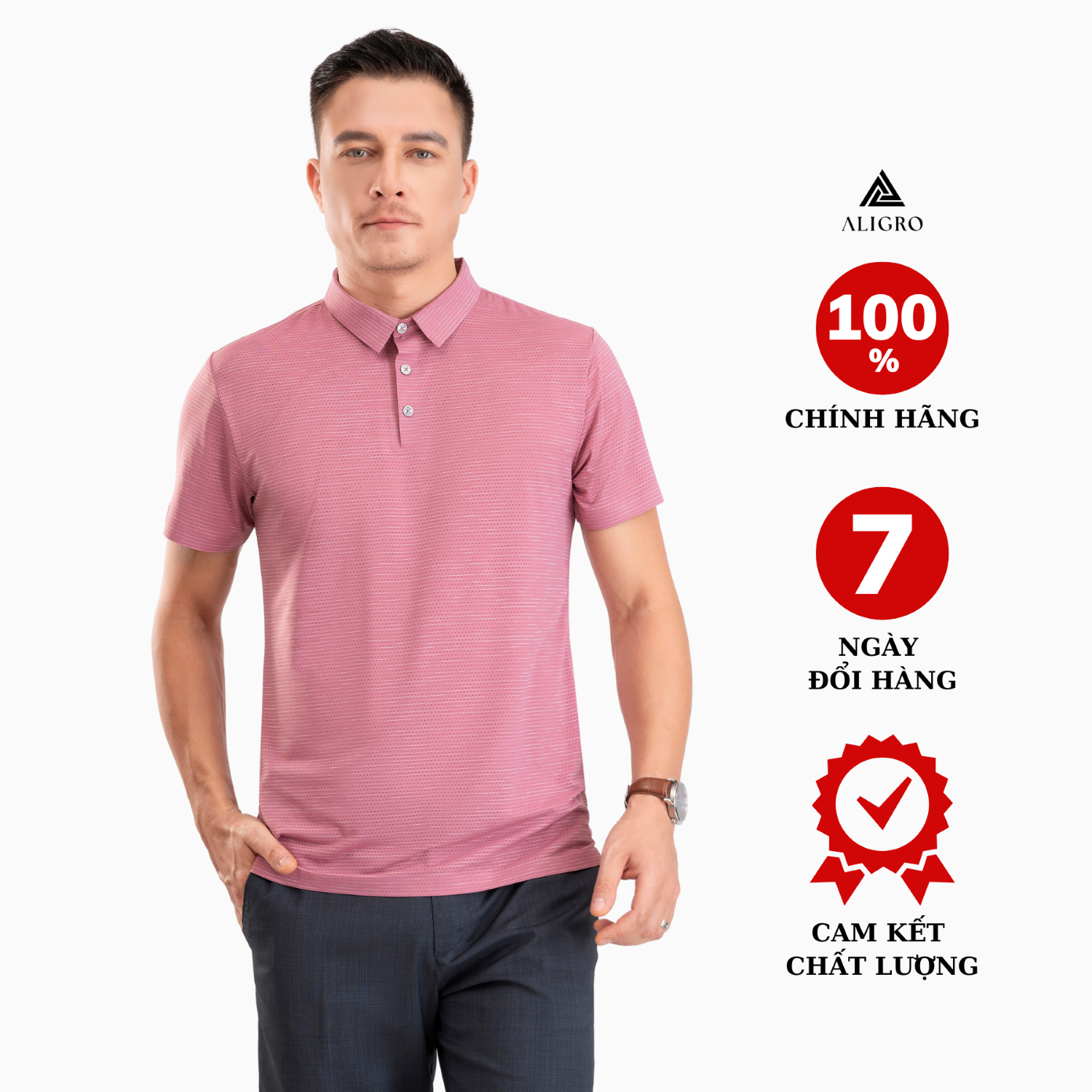 Áo polo golf nam ngắn tay ALIGRO chất vải coolmax kẻ ngang màu vỏ đỗ năng động ALGPLO115