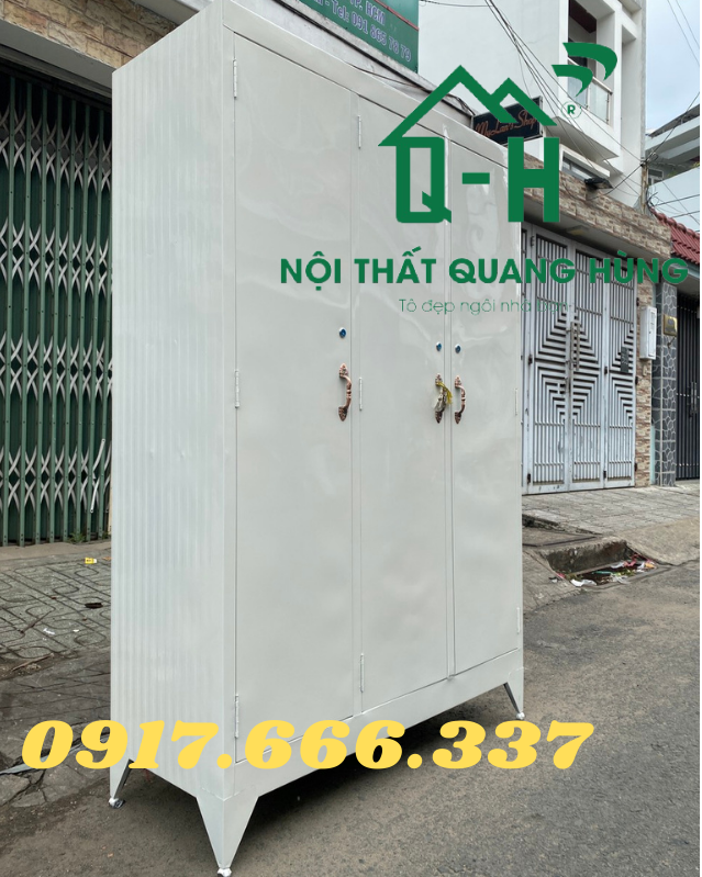 TỦ SẮT ĐỰNG QUẦN ÁO 3 CÁNH MÀU TRẮNG SƠN DẦU KHÔNG GƯƠNG DÀNH CHO GIA ĐÌNH 1M8X1M2X45CM