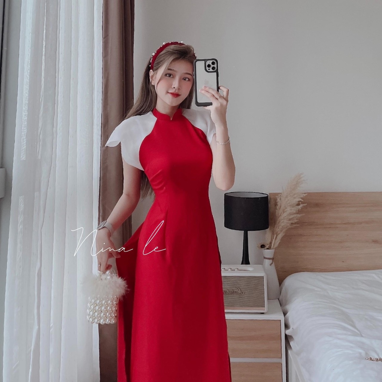 SET ÁO DÀI NỮ ĐỎ PHỐI TAY TƠ TRẮNG SETN699