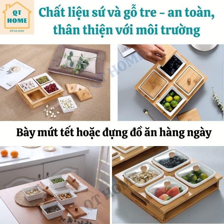 Khay Mứt Tết Sứ 4 Ngăn, Hũ Bằng Sứ, Khay và Nắp Bằng Gỗ Tre