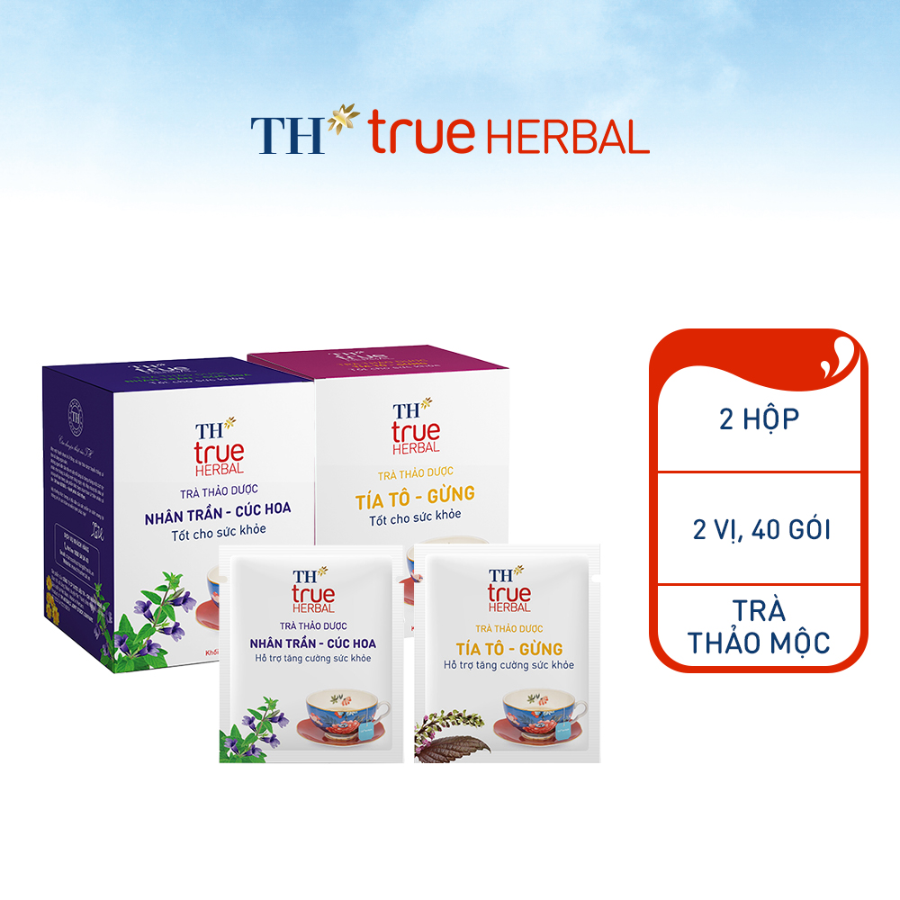 Bộ 2 hộp trà thảo dược TH true HERBAL Nhân trần – Cúc hoa &amp; Trà Tía tô – Gừng (40 gói)