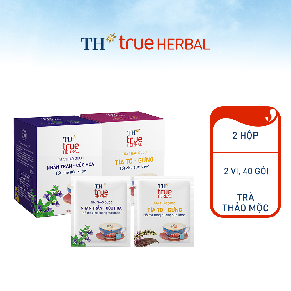 Bộ 2 hộp Trà Nhân trần – Cúc hoa &amp; Trà Tía tô – Gừng TH True Herbal (40 gói)