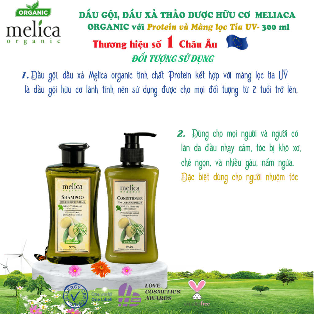 Dầu xả thảo dược hữu cơ dùng cho tóc nhuộm, xơ rối, chẻ ngọn, nhiều gàu Melica Organic 300ml Olive &amp; màng lọc UV