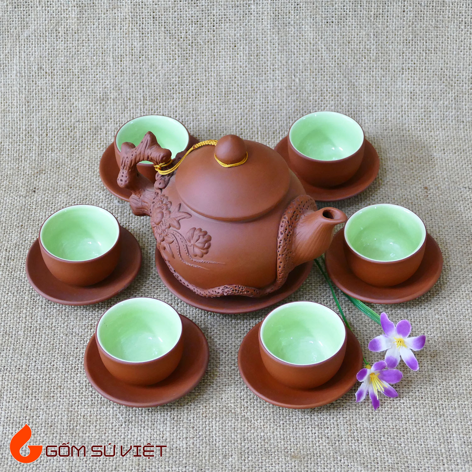 Bộ ấm chén gốm tử sa đắp nổi, bộ bình trà, bộ uống trà - Gốm Bát Tràng