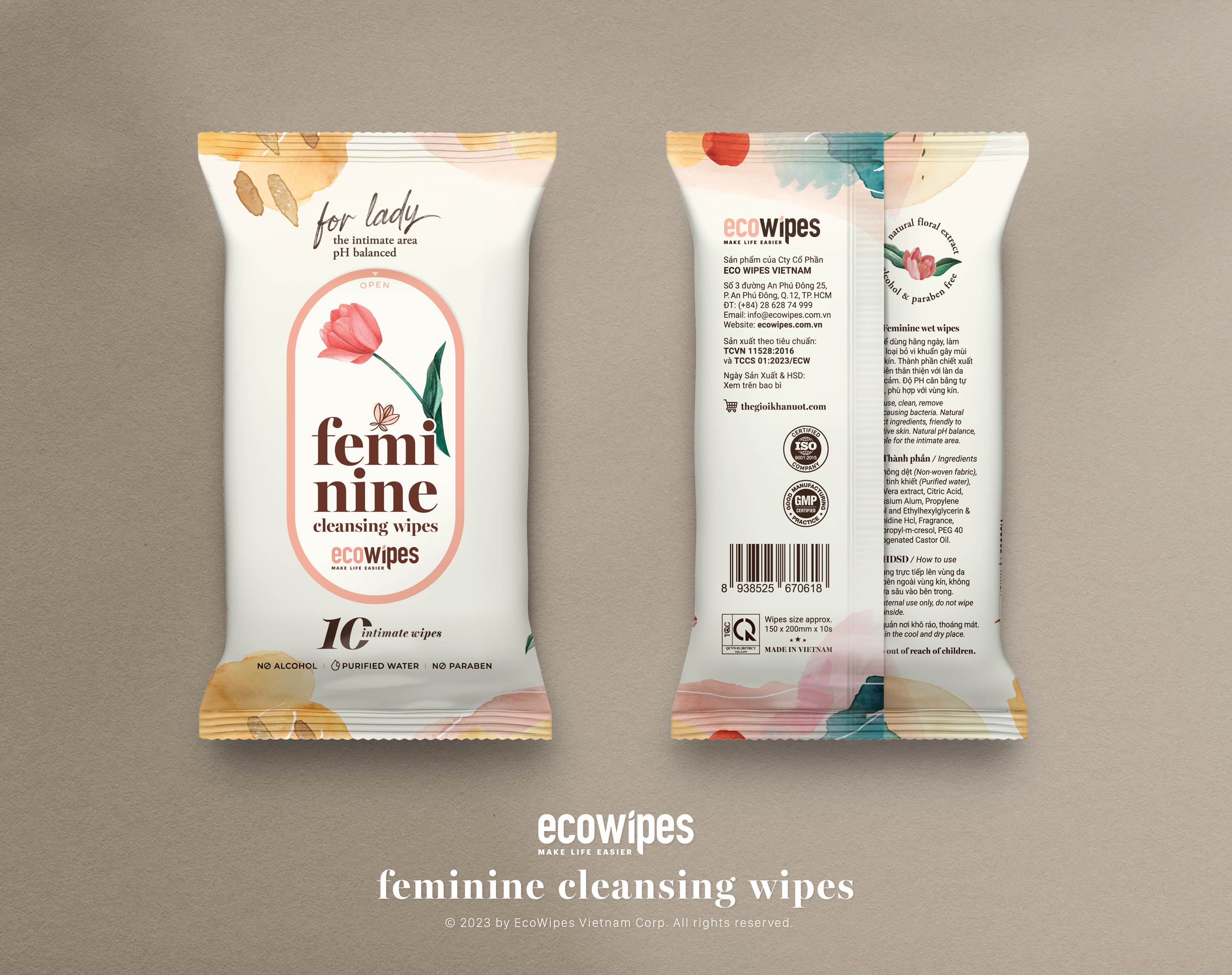 Khăn giấy ướt phụ khoa Ecowipes gói 10 tờ vệ sinh cho phụ nữ hương Daisy size 15x20cm nhỏ gọn dễ bỏ túi