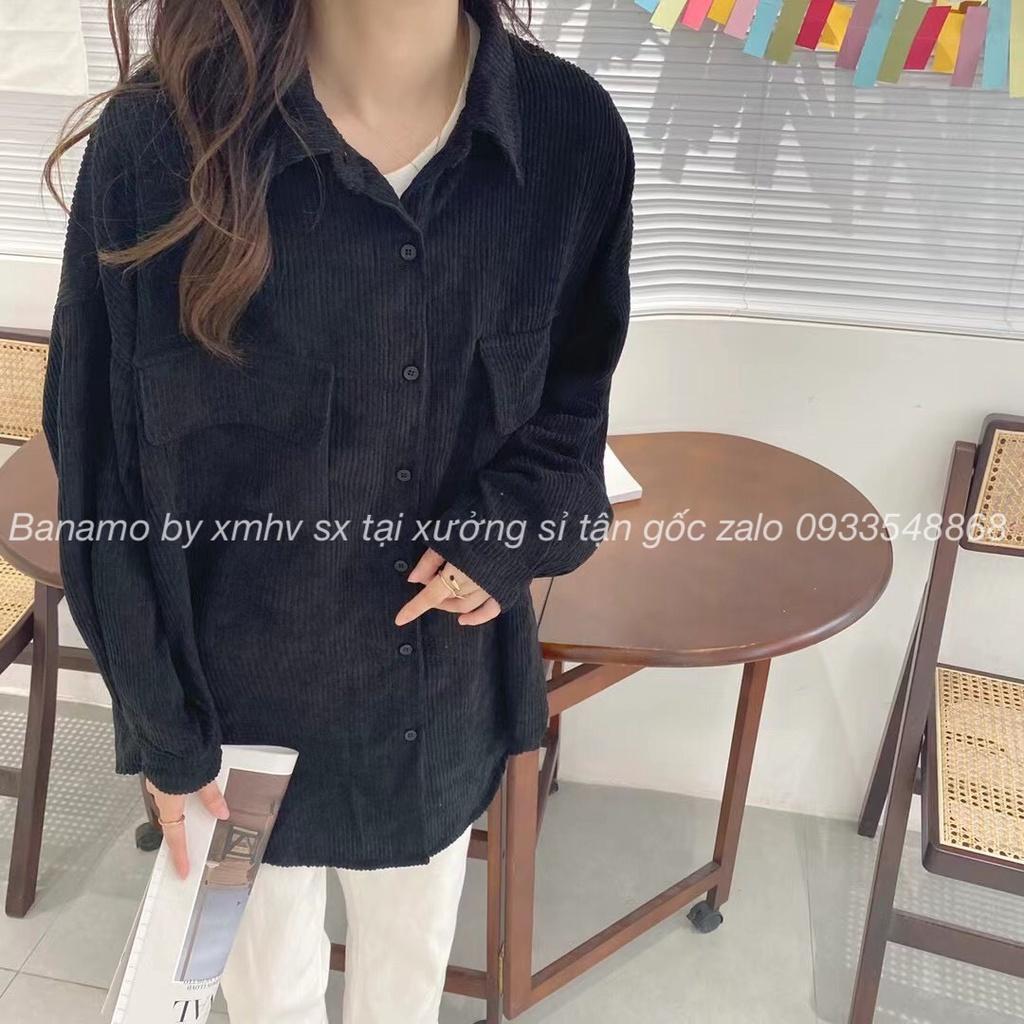 Áo sơ mi chất nhung tăm dáng rộng màu hồng kem đen nâu phong cách ulzzang thời trang Banamo Fashion 351