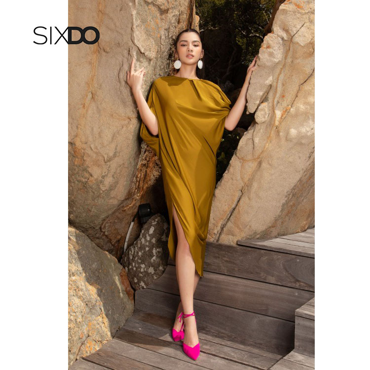 Đầm lụa suông cổ tròn xẻ vạt phong cách SIXDO - Free size &lt;60kg