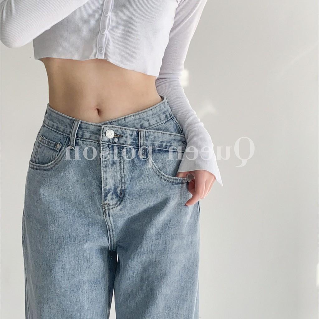 Quần bò nữ dáng dài eo cao cạp chéo eo độc đáo, Quần jeans nữ ulzzang dáng suông phong cách Hàn Quốc