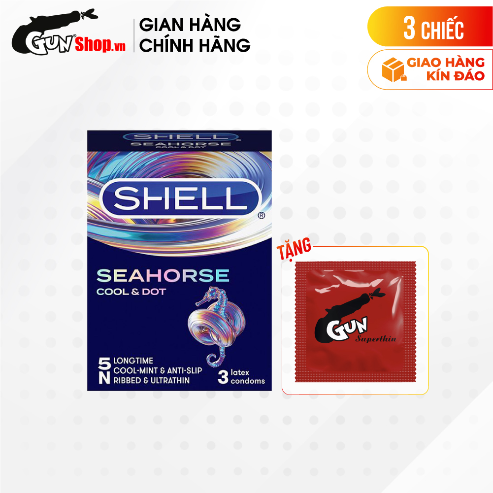 [Hộp 3 cái] Bao cao su Shell Seahorse - Kéo dài thời gian kèm 1 chiếc BCS Gun Super Thin