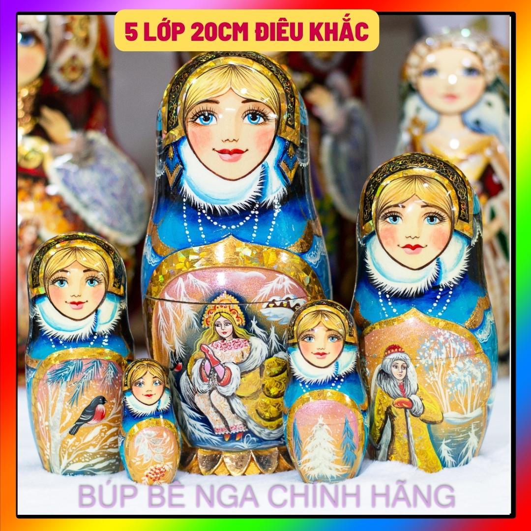 BỘ BÚP BÊ NGA MATRYOSHKA CAO CẤP 5 LỚP 20CM ĐIÊU KHẮC CHẠM NỔI HOA VĂN "CÔNG CHÚA MÙA ĐÔNG" CỰC ĐẸP VÀ SANG TRỌNG