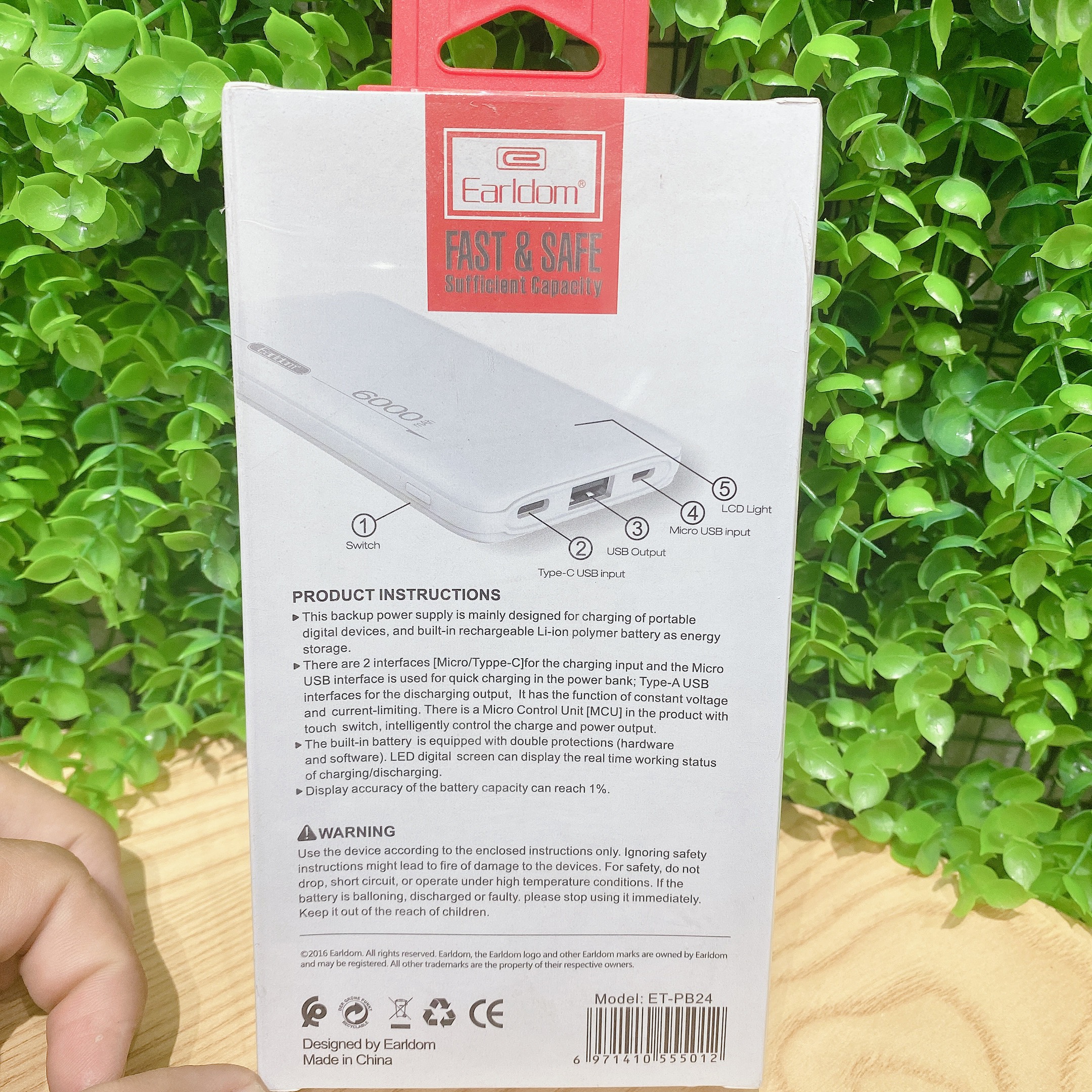 Sạc Dự Phòng Earldom dung lượng 6000mAh PB - 24 màu trắng hàng chính hãng