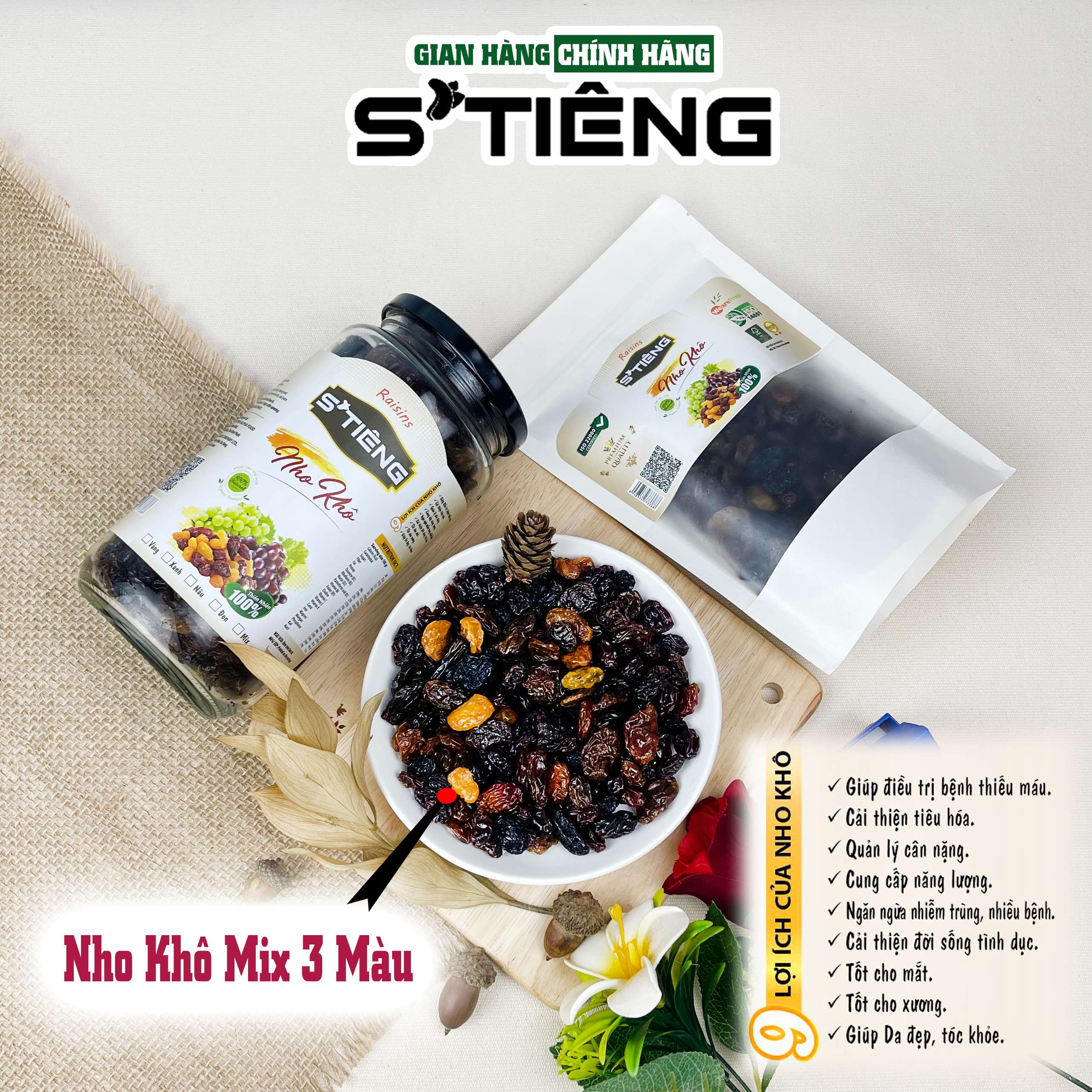 Nho Mix Màu Sấy Không Đường S'TIÊNG Ngon Ngọt