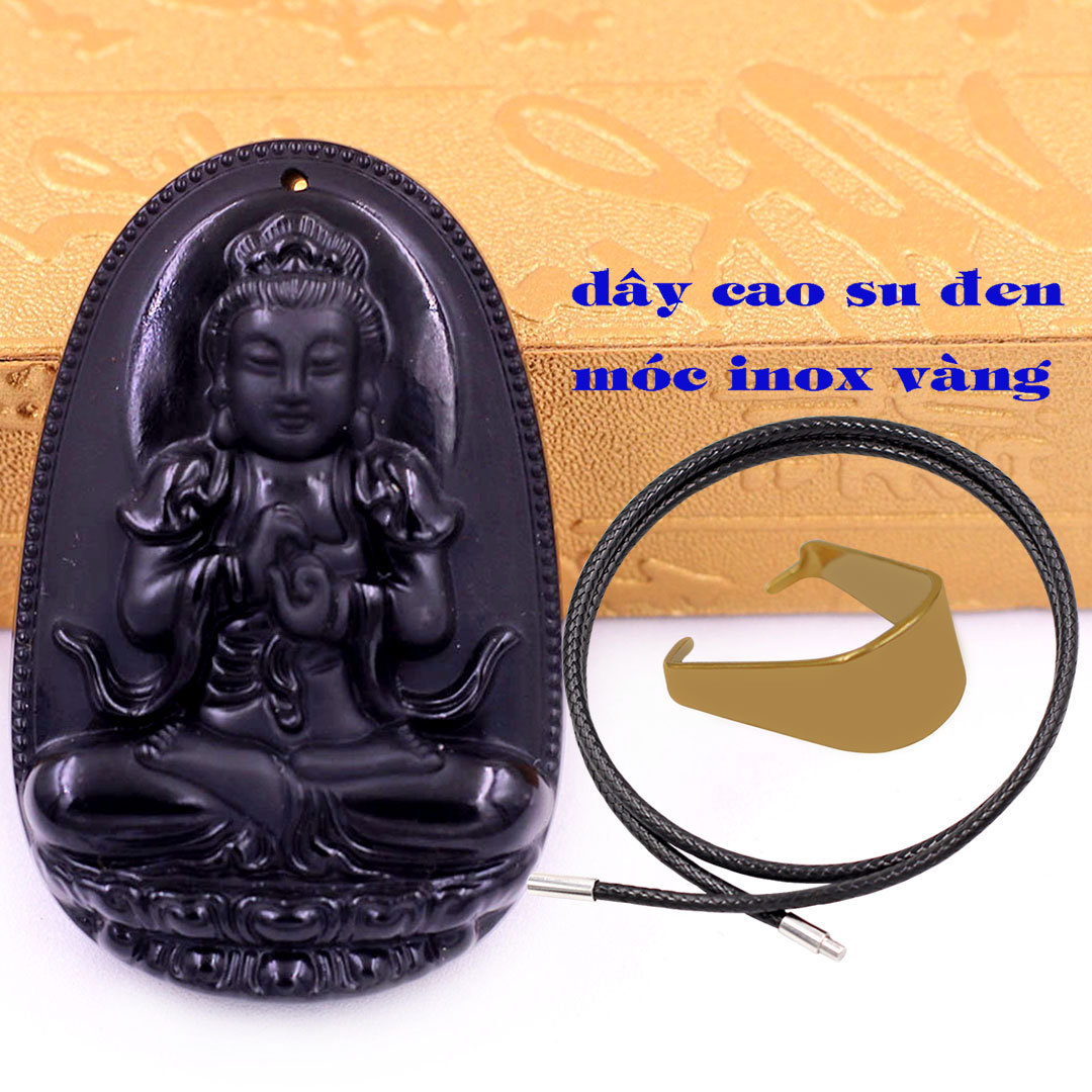 Mặt dây chuyền Phật Đại nhật như lai đá đen 3.6 cm kèm móc inox vàng và vòng cổ dây cao su đen, Mặt Phật bản mệnh