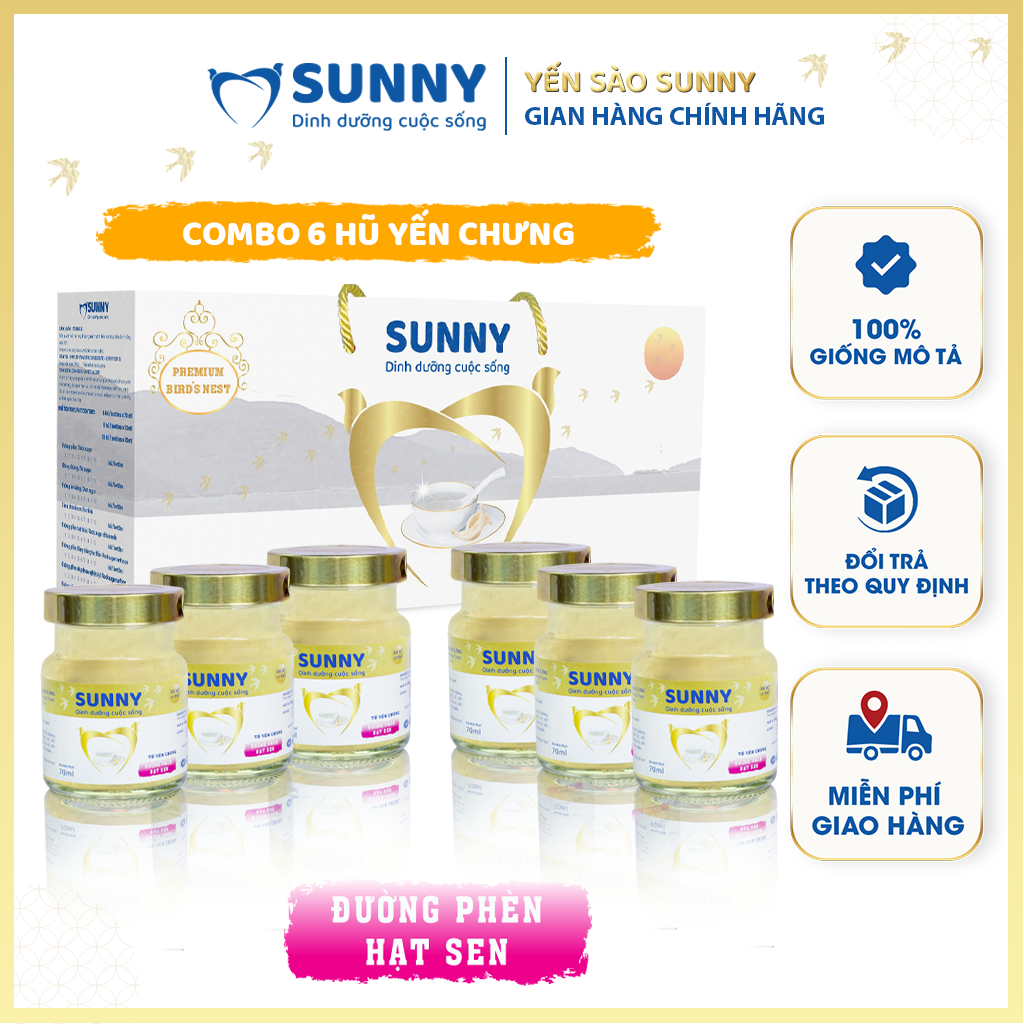 [Hộp 6] Yến hạt sen - Yến Sào Khánh Hòa chưng sẳn - 25% Yến thô - 70ml/hũ - Yến sào SUNNY