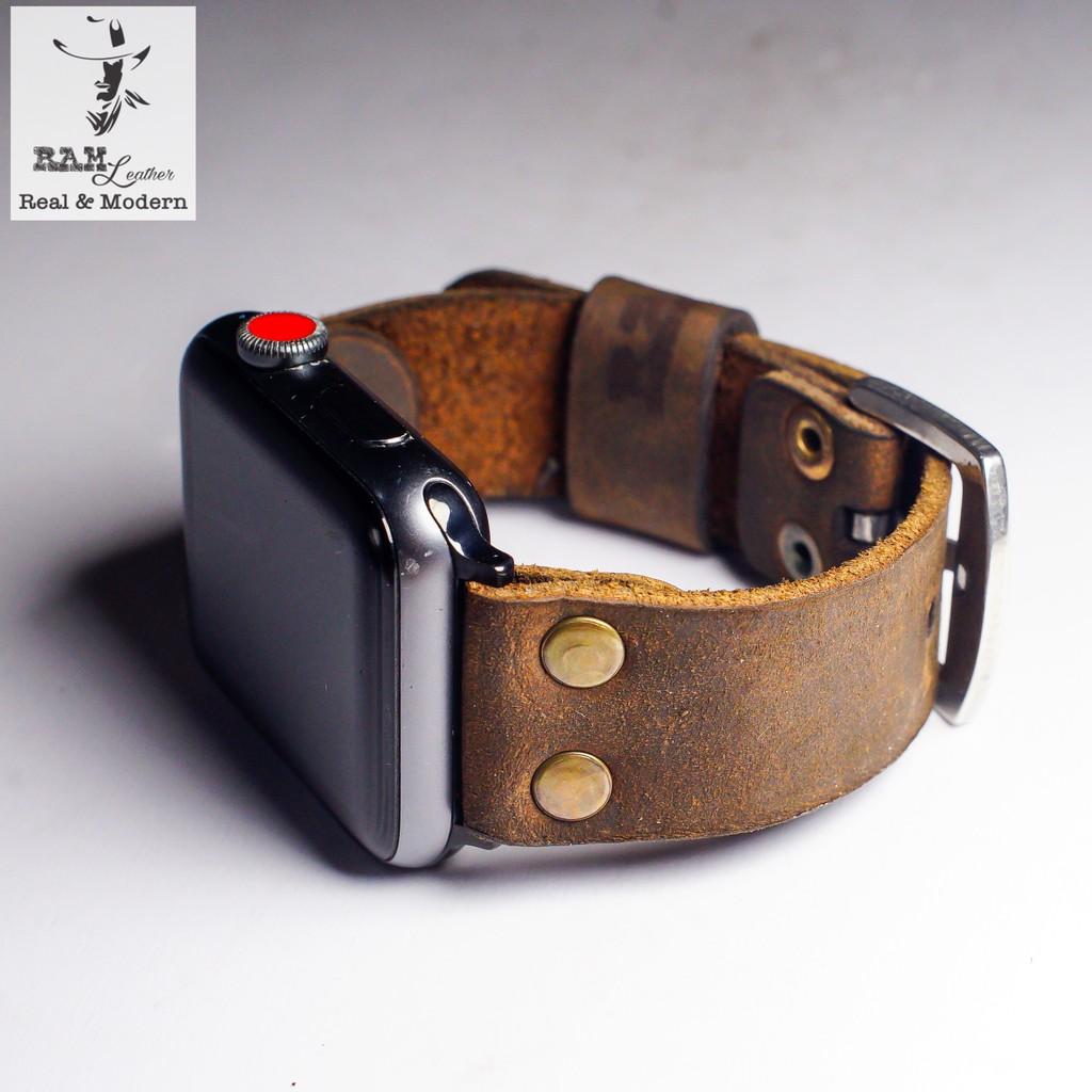 Dây đồng hồ da bò thật kiểu phi công RAM Leather rivet nâu đất bền chắc - tặng khóa chốt và cây thay dây