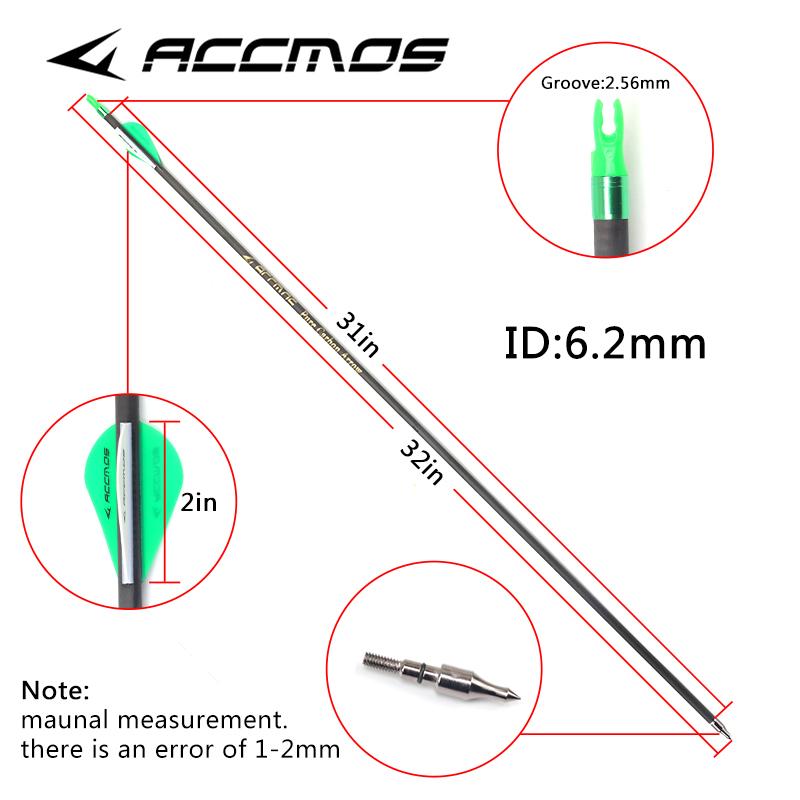 12PCS Mũi mũi bằng carbon nguyên chất 350 400 500 600 700 800 Trục mũi tên săn bắn đường kính bên trong 6,2mm cho Bắn cung Hợp chất/Tái phát Color: sp600 31in 12pc