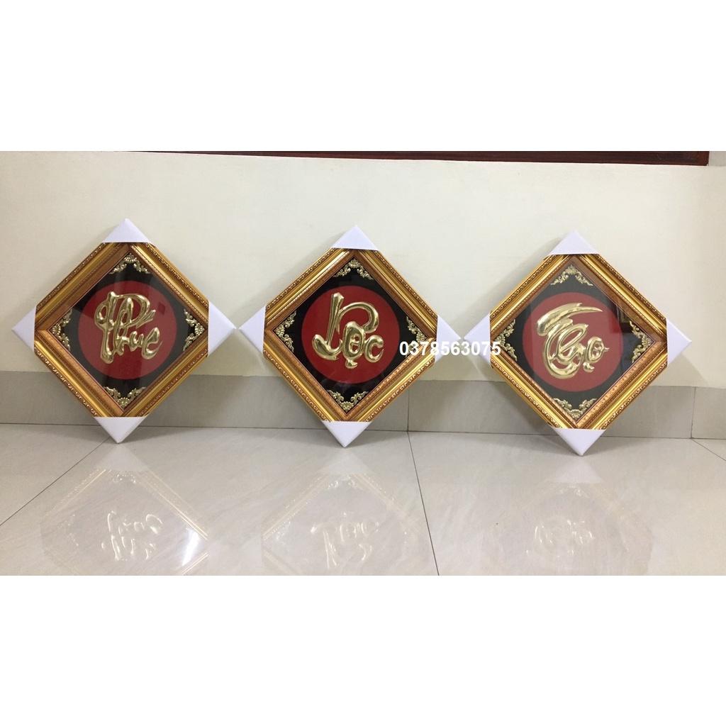 Tranh chữ Phúc -Lộc - Thọ bằng đồng nguyên chất 42x42cm khung vàng hình thoi