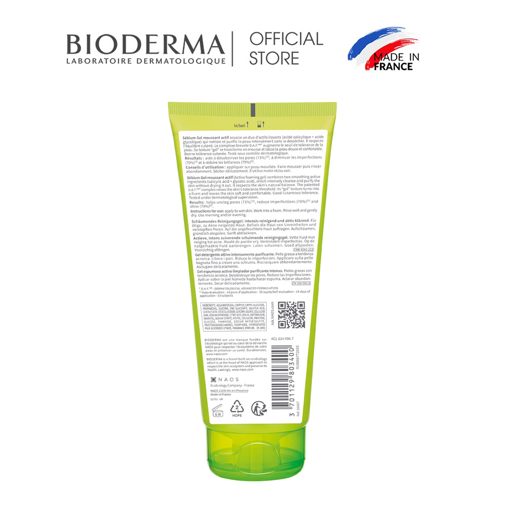 Gel rửa mặt làm sạch sâu và giảm mụn Bioderma Sébium Gel moussant actif - 200ml