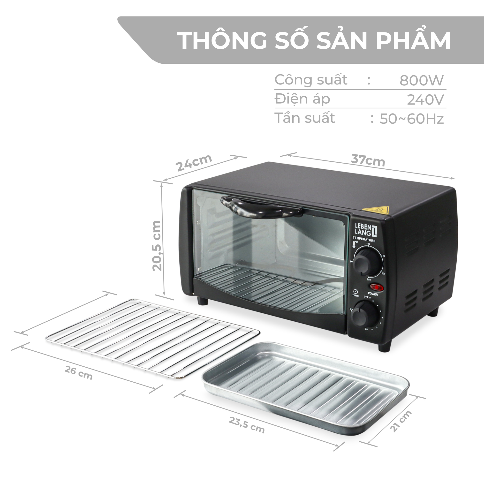 Lò nướng mini đa năng LEBENLANG, công suất 800W, dung tích 12l, LBMT8683S - hàng chính hãng