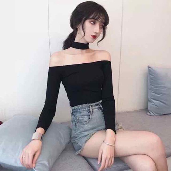 Áo Trễ Vai Cổ Choker Dài Tay Chất Liệu Cotton Freesize dưới 58kg