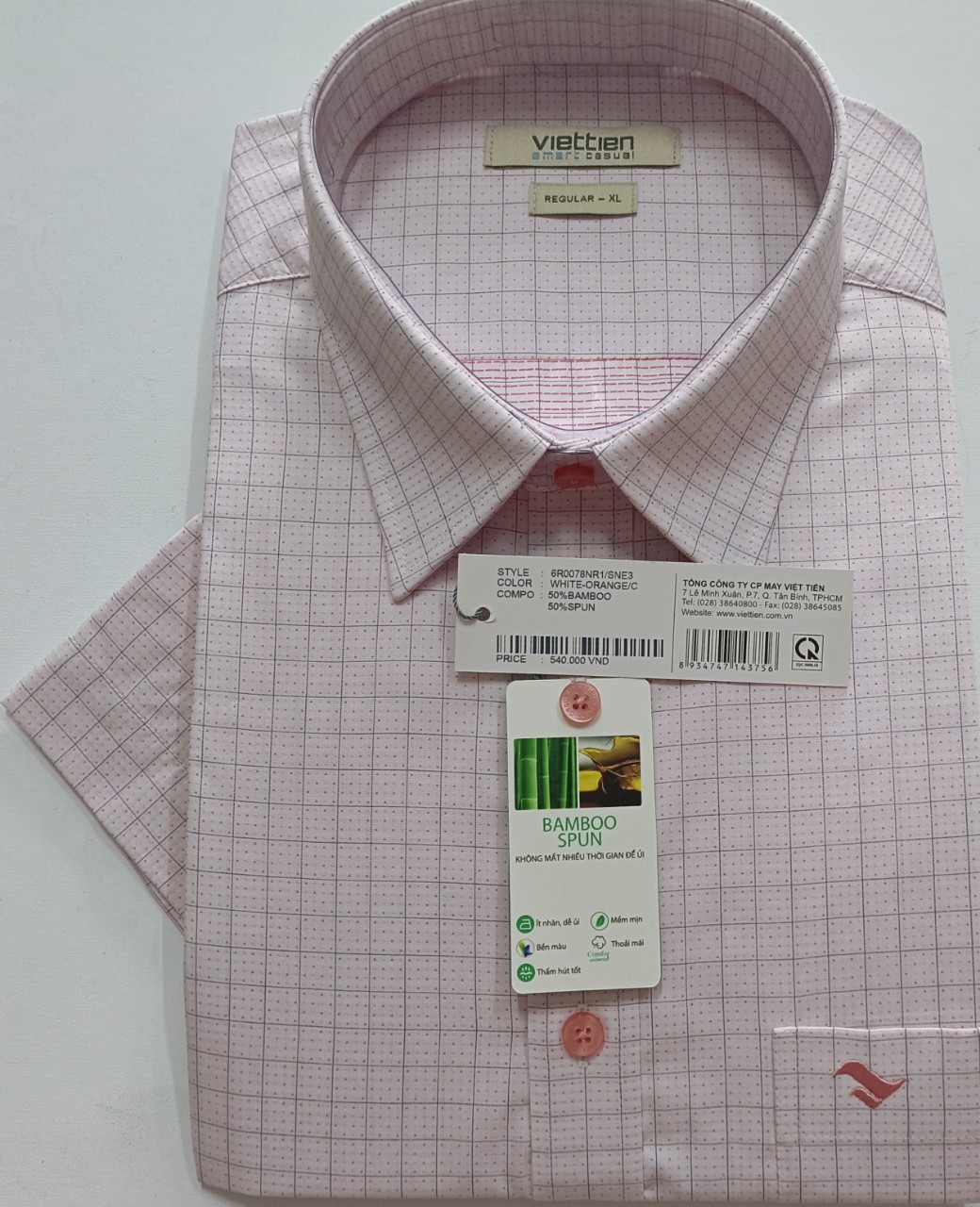 Viettien Áo sơ mi nam Việt Tiến Smart Casual ngắn tay vạt ngang- xẻ sườn Mã 6R0078NR1/SNE3 sợi tre