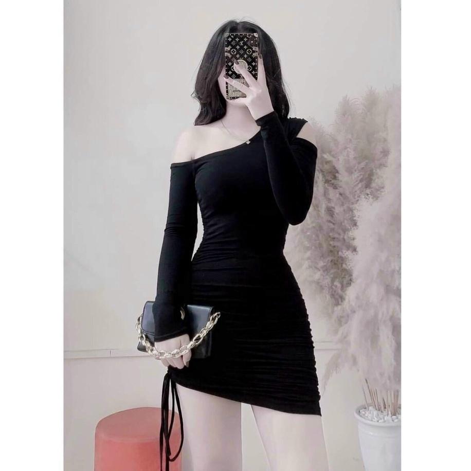 Đầm body thun hở vai dài tay rút dây xịn xò
