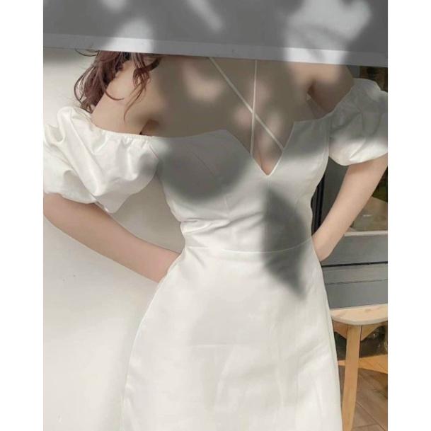 Đầm váy ôm body tafta mút ngực tay búp cột dây cổ yếm trễ vai tay con ngắn đen trắng đi biển dự tiệc dạo phố bigs