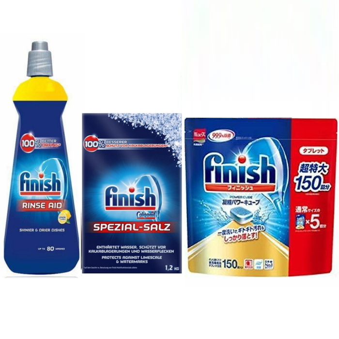 Combo Viên rửa bát Finish Nhật 150 viên + Muối Finish 1,2kg + Nước làm bóng Finish 400ml