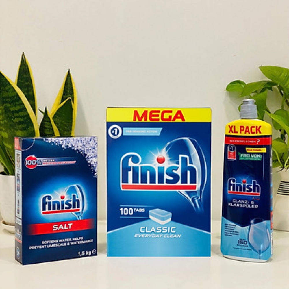 Combo viên rửa bát finish 100 viên+nước làm bóng finish 750ml+muối rửa bát finish 1,5kg dùng cho máy rửa bát
