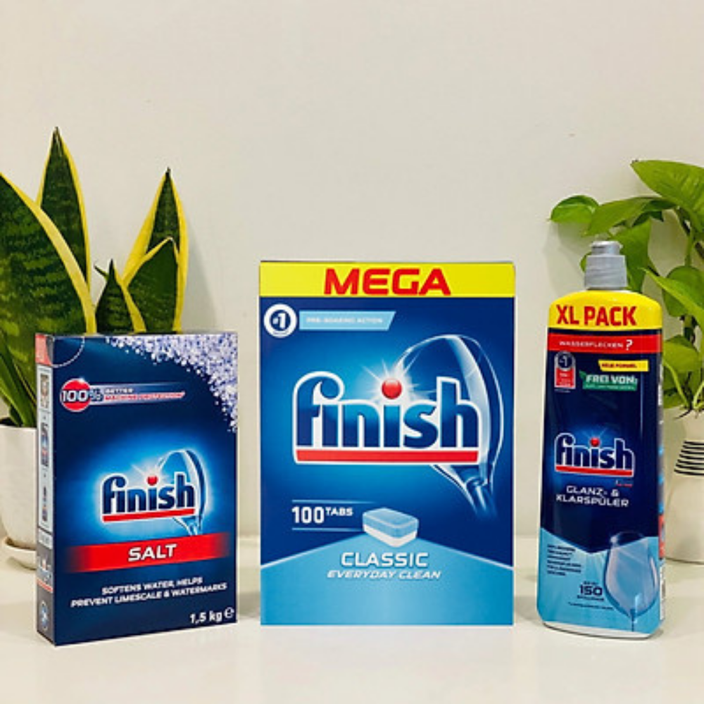 combo viên rửa bát finish 100 viên+nước làm bóng finish 750ml+muối rửa bát finish 1,5kg dùng cho máy rửa bát