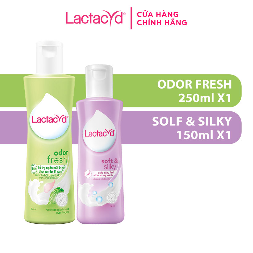 Bộ Dung Dịch Vệ Sinh Phụ Nữ Lactacyd Odor Fresh Ngăn Mùi 24H 250ml + Soft &amp; Silky Dưỡng Ẩm 150ml