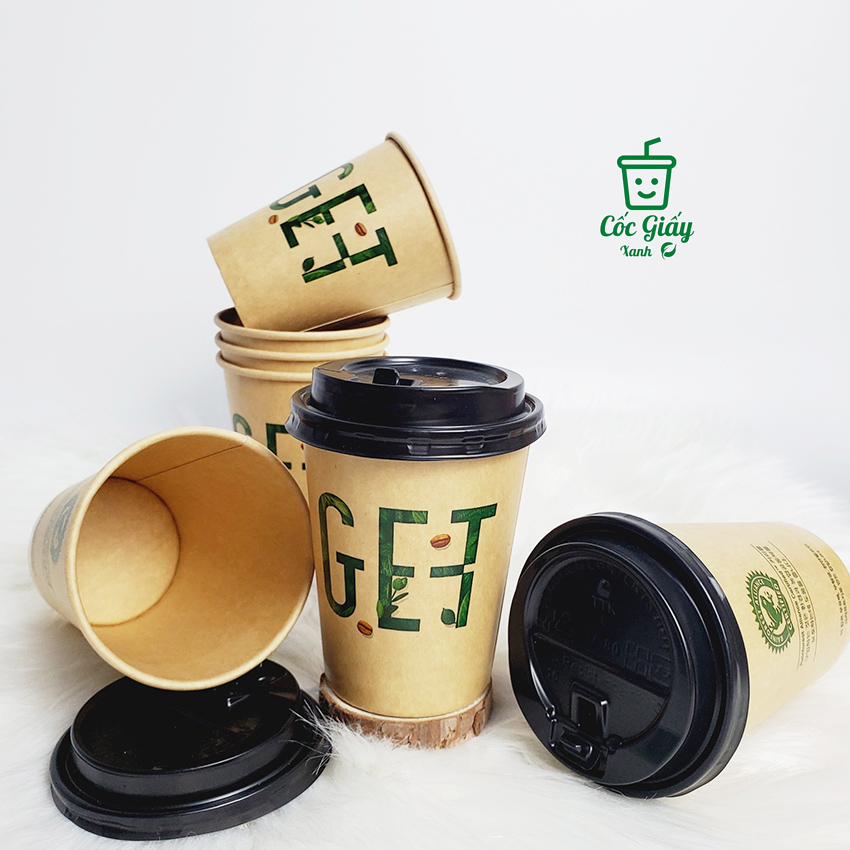 Set 50 CỐC GIẤY XANH CÓ NẮP 240ml In Chữ GET Màu Nâu Cafe Siêu Đẹp, Lịch Sự