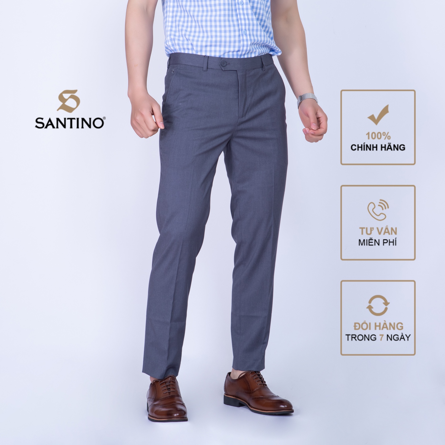 Quần âu nam dài trơn SANTINO, chất liệu Sợi tre dáng ôm slim fit công sở lịch lãm màu xám nhạt Q066