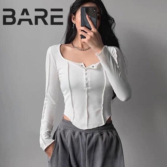 Áo thun body dài tay kiểu Hàn Quốc phối nút bấm chỉ nổi cá tính chất thun gân mịn đẹp - AO080