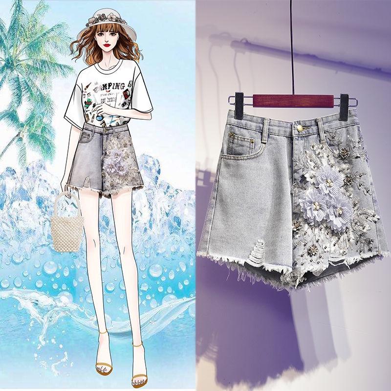 Quần Short Nữ Thêu Họa Tiết Phong Cách Châu Âu Denim Dáng Rộng Lưng Cao