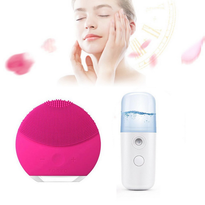 Combo Máy xông mặt, xịt khoáng nano mini cầm tay tiện lợi và Máy rửa mặt rung tạo bọt giúp sạch sâu