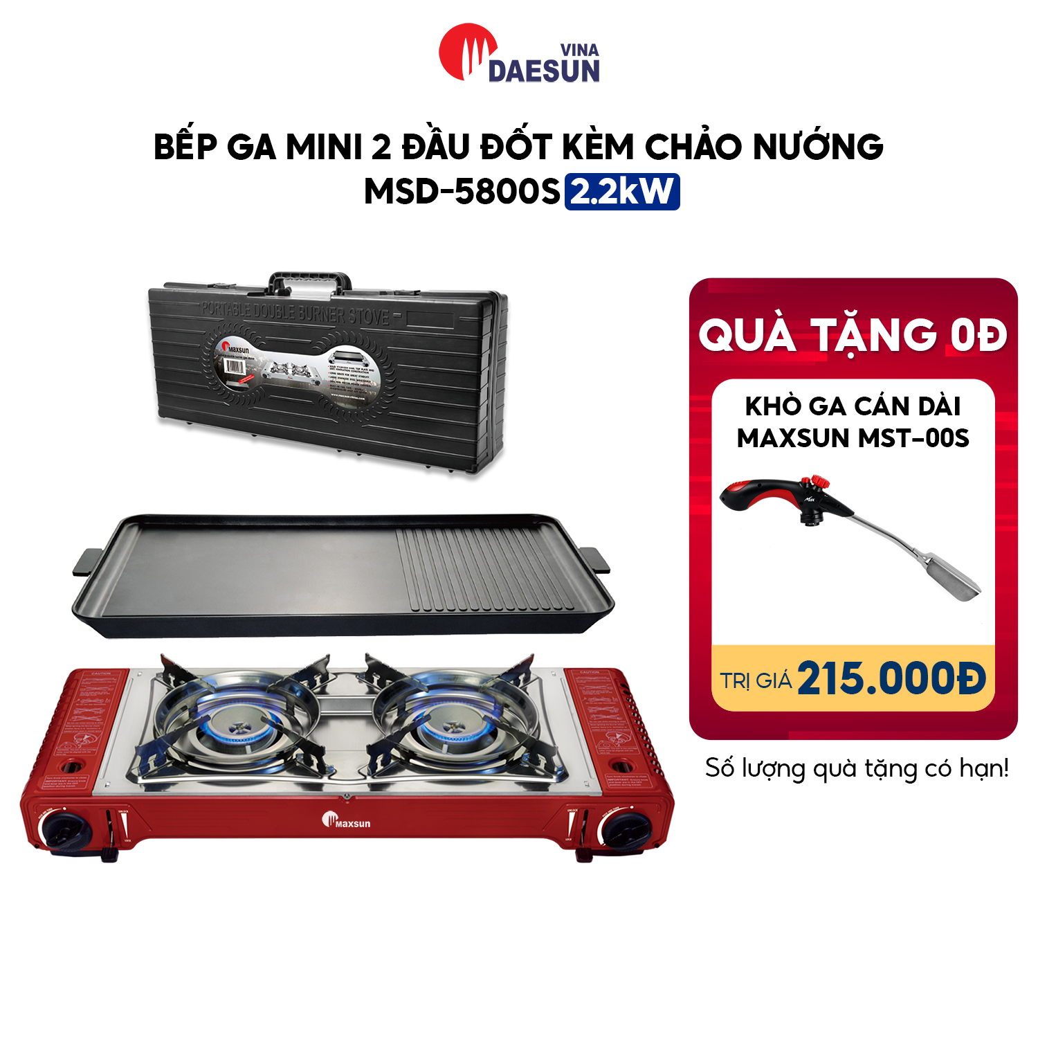 Bếp Ga Mini Maxsun MSD-5800S - Công Suất 2200W | Hai Đầu Đốt | Chảo Nướng Chống Dính | Hàng Chính Hãng