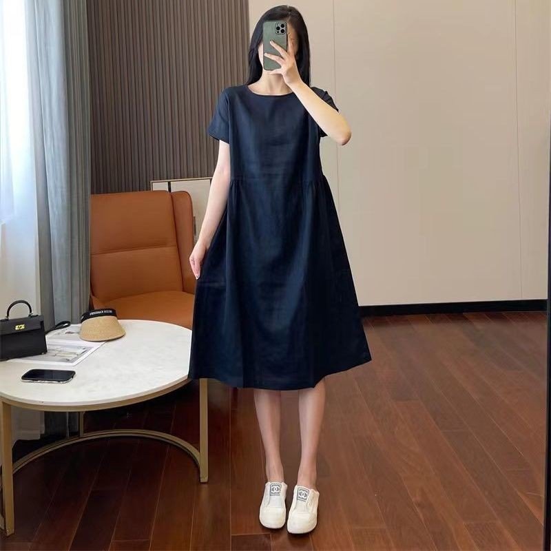 Đầm Suông Cổ Tròn Tay Cộc Dáng Dài Chất Đũi Mềm Mại Nhiều Màu Lựa Chọn