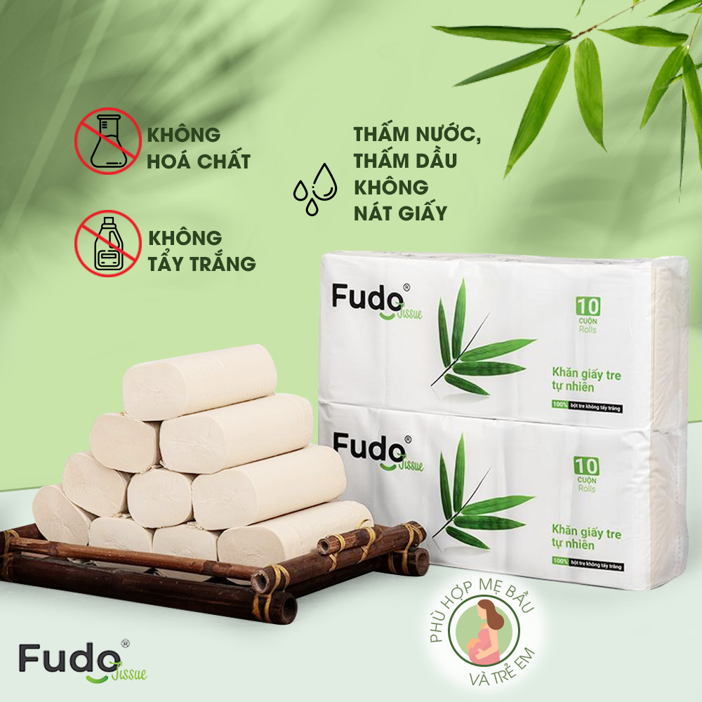 Khăn giấy tre Fudo - Combo 20 Cuộn Giấy Vệ Sinh Không Lõi (4 lớp): 100% bột tre, không tạo mùi, không tẩy trắng, siêu mềm, siêu mịn, siêu dai