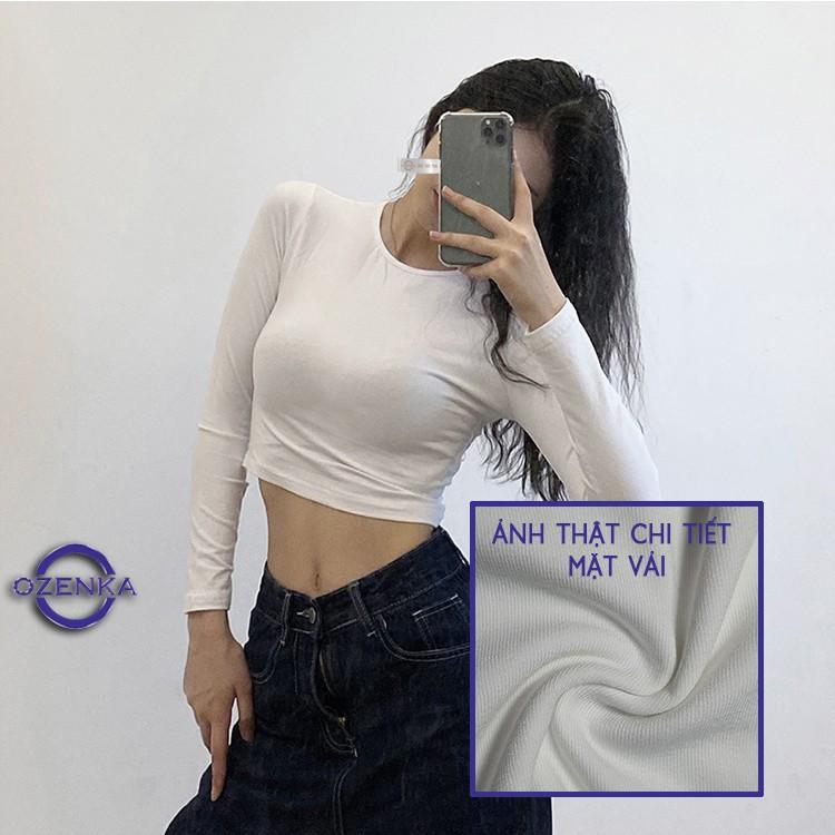 Áo croptop tay dài ôm nữ đen trắng thun gân , áo thun crt body 100% cotton free size 40 đến 53 kg CRT 263